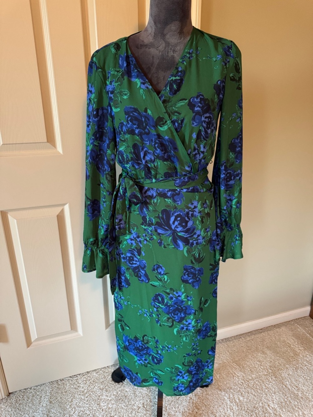 Lulu's Green Wrap Midi Dress with Blue Floral Print